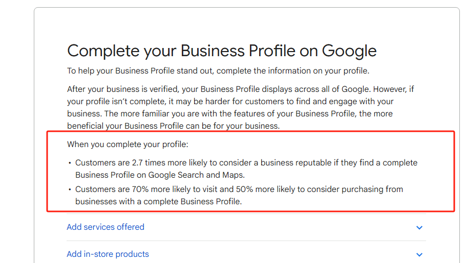对于拥有完整GMB认证的企业客户访问的可能性增加 70%