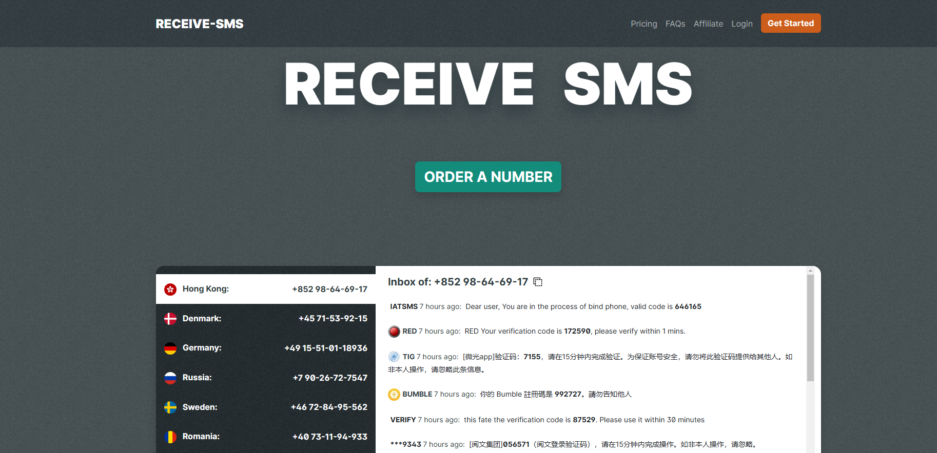 17个最好用的国外手机号验证码接收平台推荐 天问网络-国外手机号接验证码平台receive-sms.com界面
