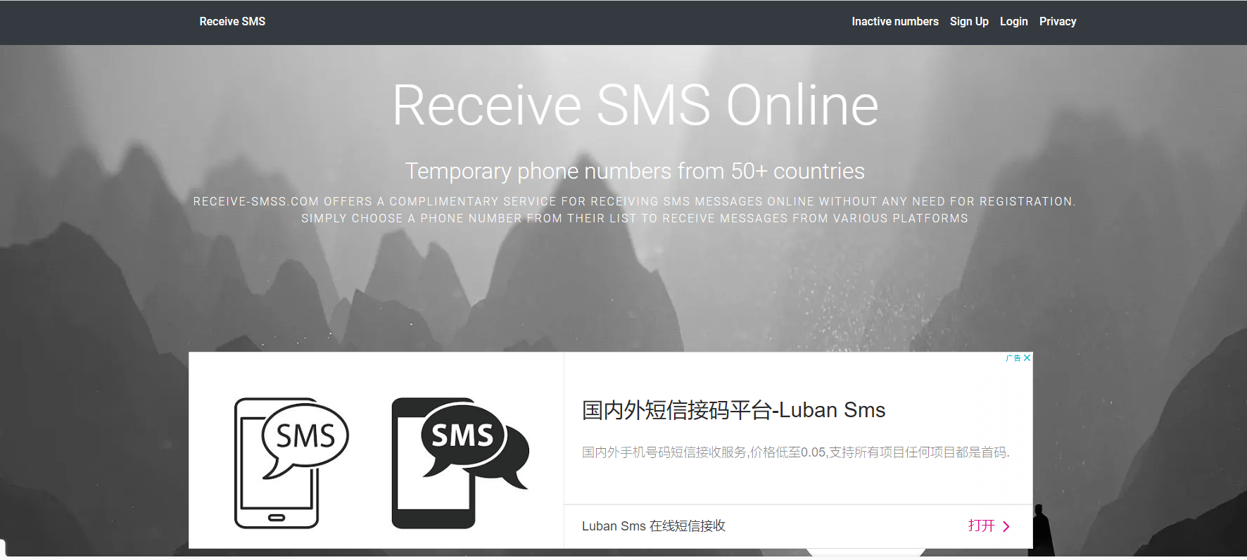 17个最好用的国外手机号验证码接收平台推荐 天问网络-receive-smss.com界面