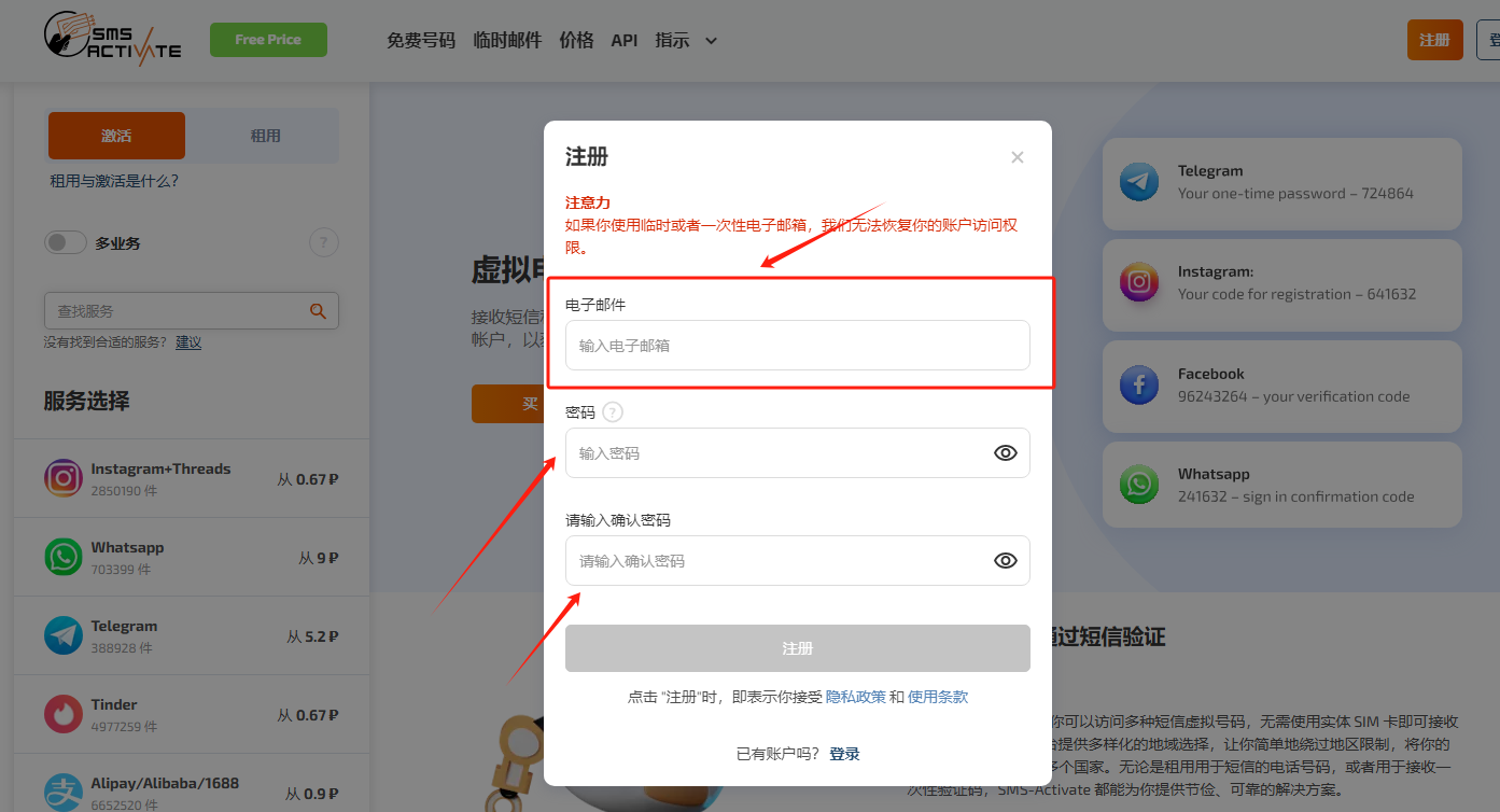 SMS-Activate教程:使用国外SMS手机号接收短信验证码 天问网络-sms-activate注册界面