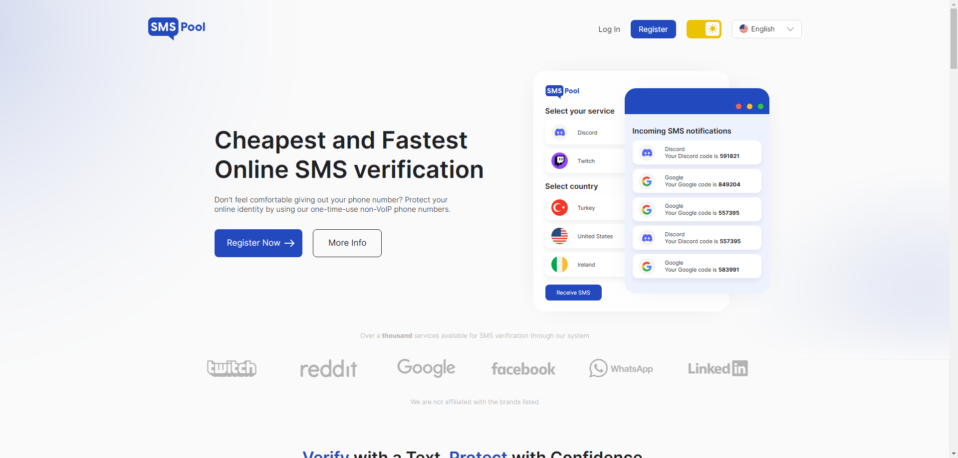 17个最好用的国外手机号验证码接收平台推荐 天问网络-国外手机号接收验证码平台推荐SMSPool界面