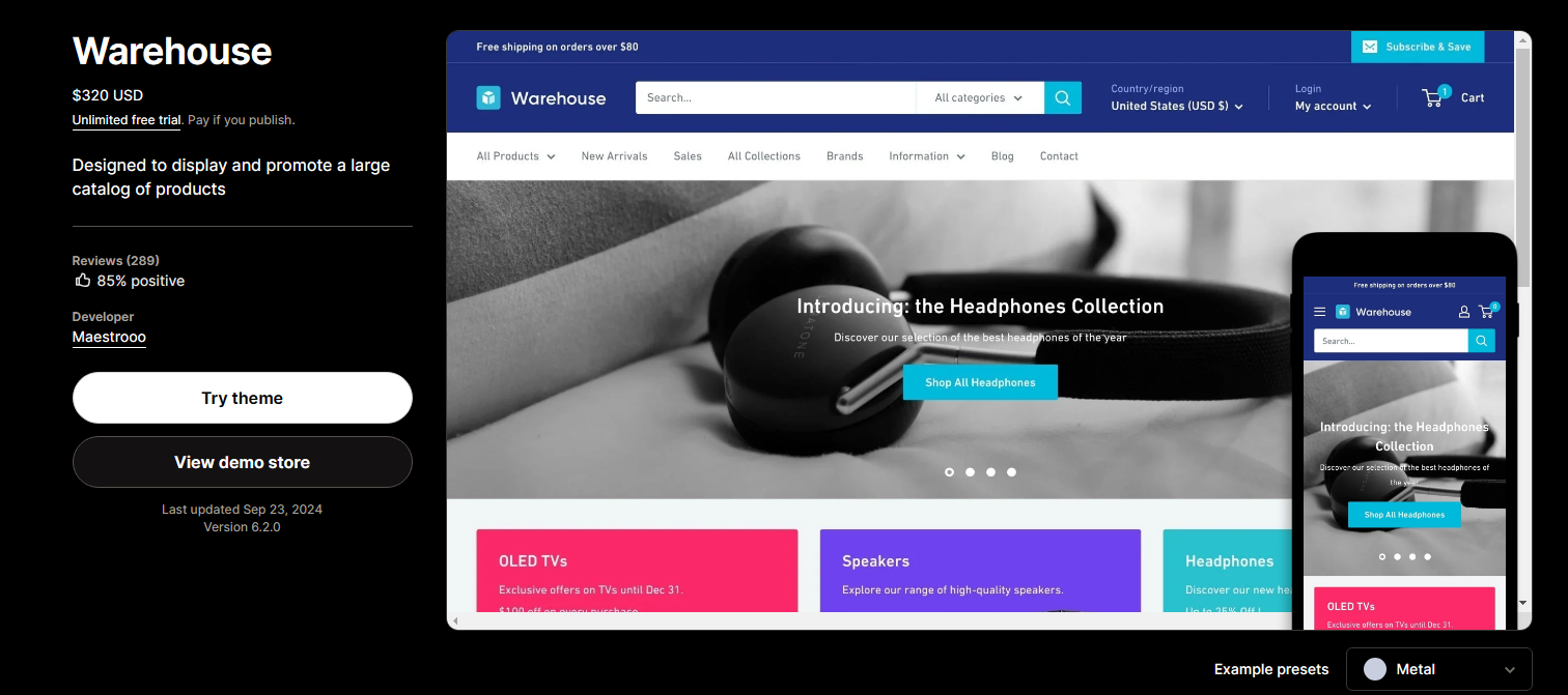 大型独立站都在用哪些shopify主题?最好用的shopify主题推荐(付费和免费) shopify主题推荐-付费主题Warehouse