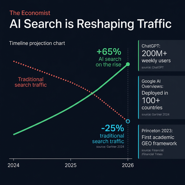 AI搜索正在重塑流量格局：2026年传统搜索流量将下降25%，ChatGPT 2亿周活用户 — 数据来源Gartner/普林斯顿