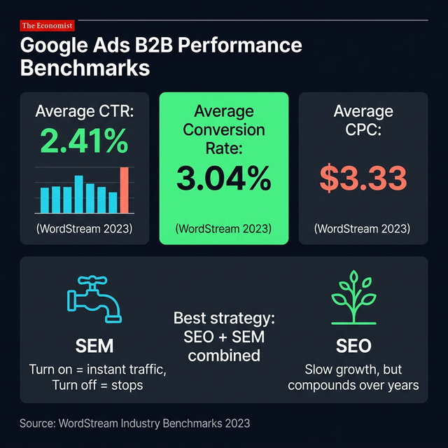 Google Ads B2B行业基准数据：平均CTR 2.41%、转化率3.04%、CPC $3.33 — 数据来源WordStream 2023