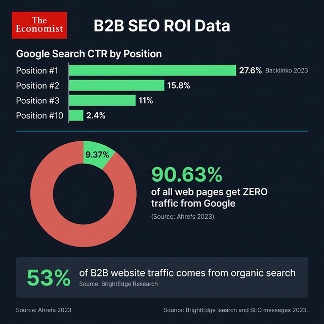 B2B SEO数据：Google搜索CTR分布、90.63%网页零流量、53%B2B流量来自自然搜索 — 数据来源BrightEdge/Ahrefs/Backlinko