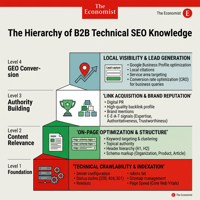 B2B 技术 SEO 知识结构层级：从底层技术爬取到顶层 GEO 智能生成引擎转化漏斗（The Economist 视觉风格）