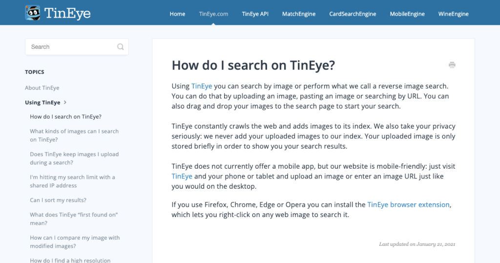 官方页面截图：How do I search on TinEye? - TinEye APIs（2026-10-08 截取）