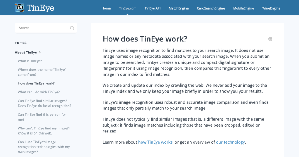 反向搜图是什么?反向图片搜索的4种做法和选择 官方页面截图:How does TinEye work? - TinEye APIs(2026-10-08 截取)