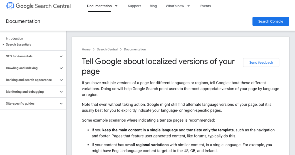 Localized Versions of your Pages | Google Search Central  |  Documentation  |  Google for Developers官方页面截图