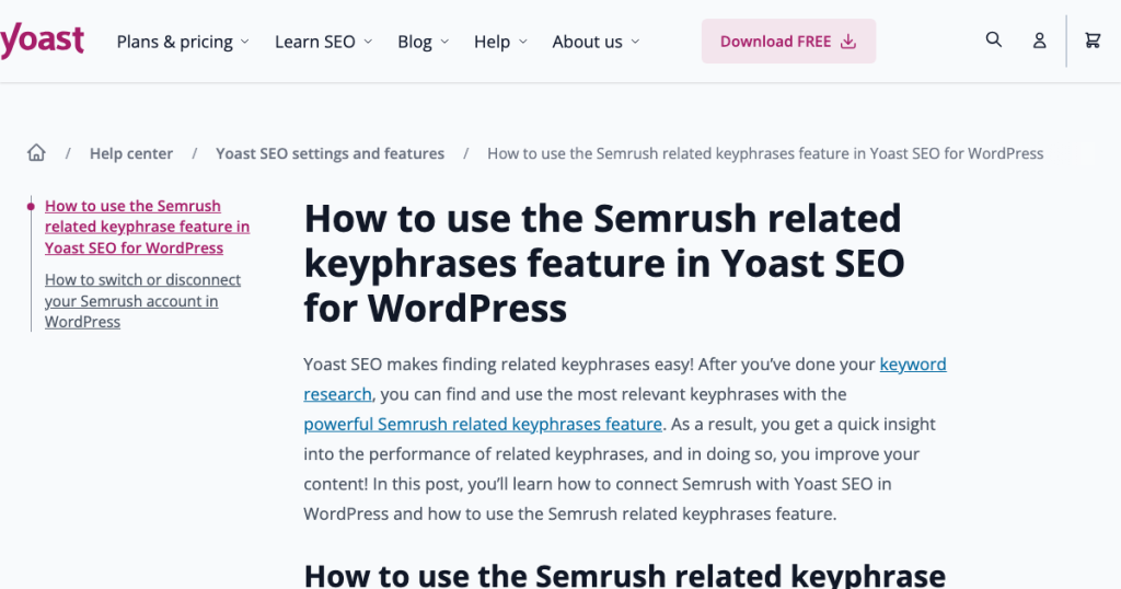 Yoast和Semrush都显示建议,WordPress文章究竟应该改什么? How to use the Semrush related keyphrases feature in Yoast SEO for WordPress • Yoast官方页面截图